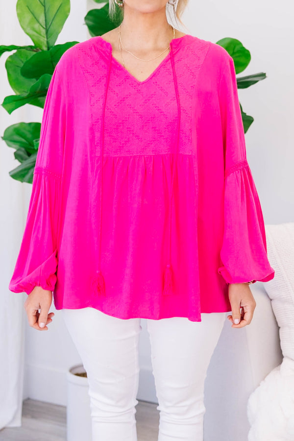Chic Soul plus size clothing, hot pink long sleeve top with elastic sleeve cuffs
