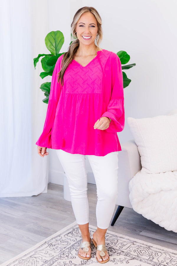 Chic Soul plus size clothing, hot pink long sleeve top with elastic sleeve cuffs