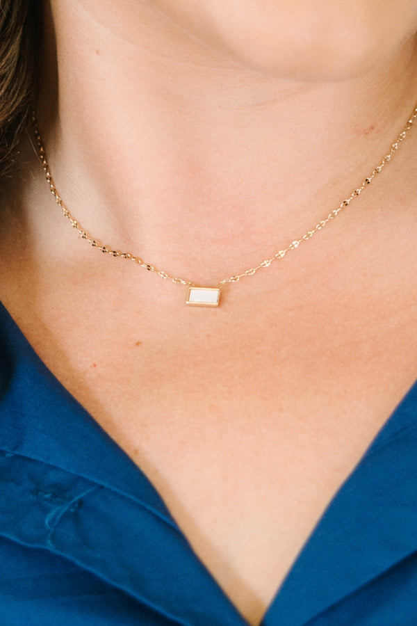 Plus Size gold necklace with a rectangular mother of pearl inlay on a delicate chain.