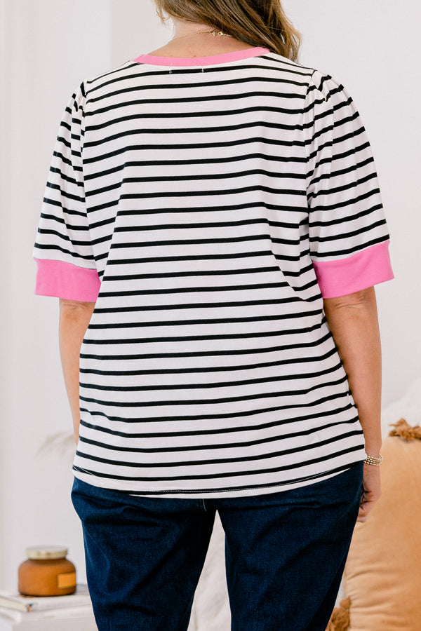 Chic Soul plus size clothing, black stiped short sleeve top with a pink cuff at the end of each sleeve and along the neckline 