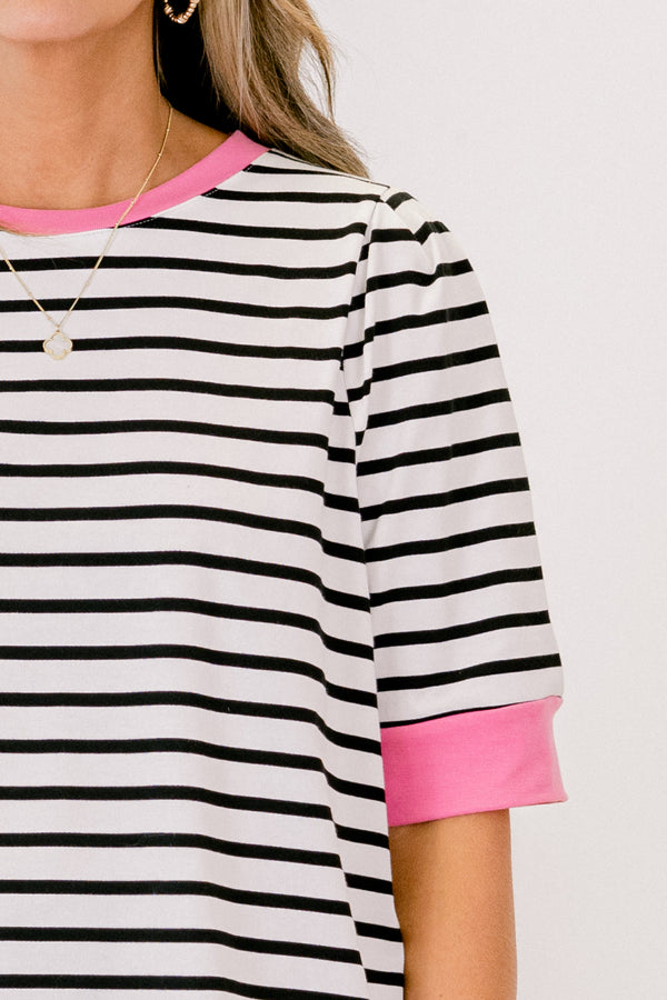 Chic Soul plus size clothing, black stiped short sleeve top with a pink cuff at the end of each sleeve and along the neckline 