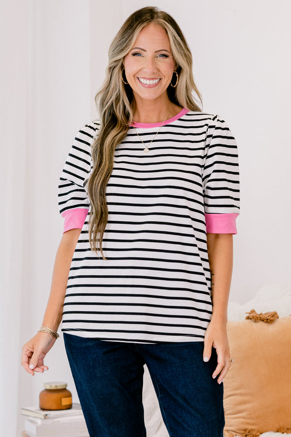Chic Soul plus size clothing, black stiped short sleeve top with a pink cuff at the end of each sleeve and along the neckline 