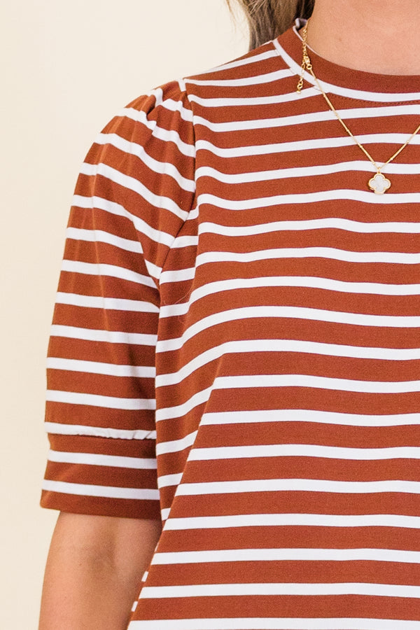 Plus Size burgundy and white horizontal striped cotton top with short puff sleeves and a crew neck.