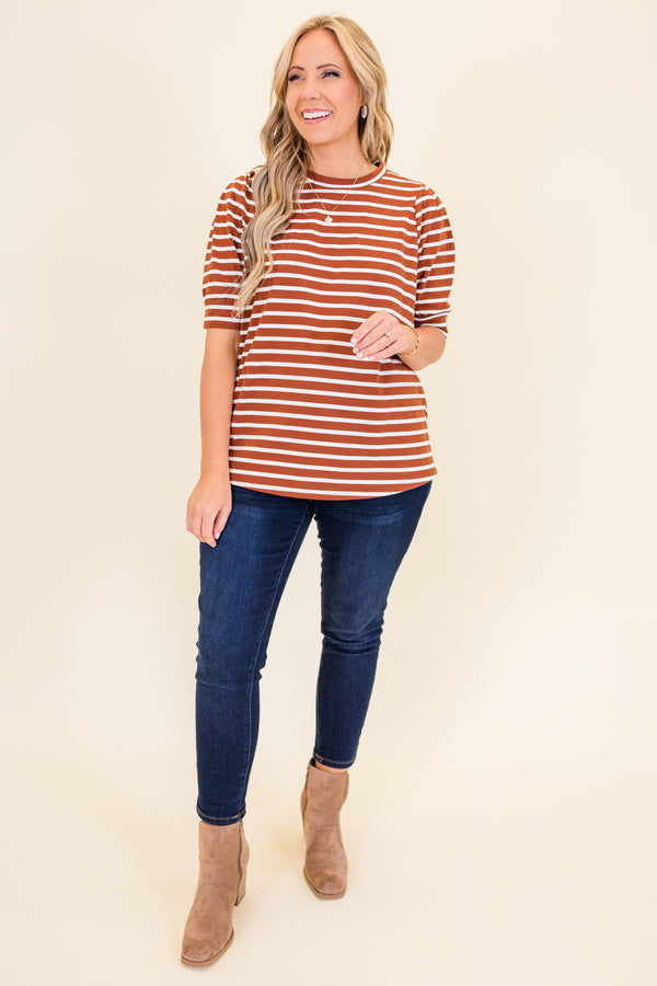 Plus Size burgundy and white horizontal striped cotton top with short puff sleeves and a crew neck.