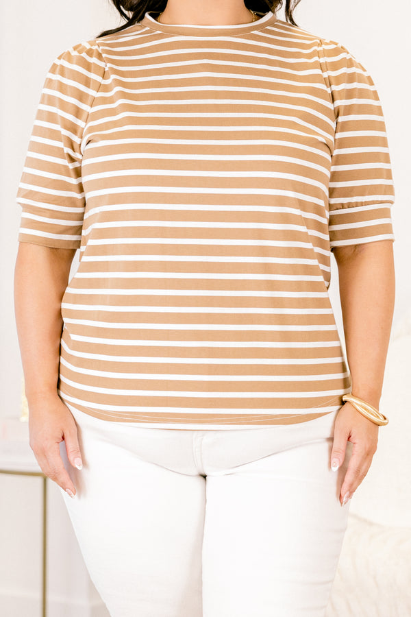Chic Soul plus size clothing, mocha and white horizontal striped high neck short sleeve top