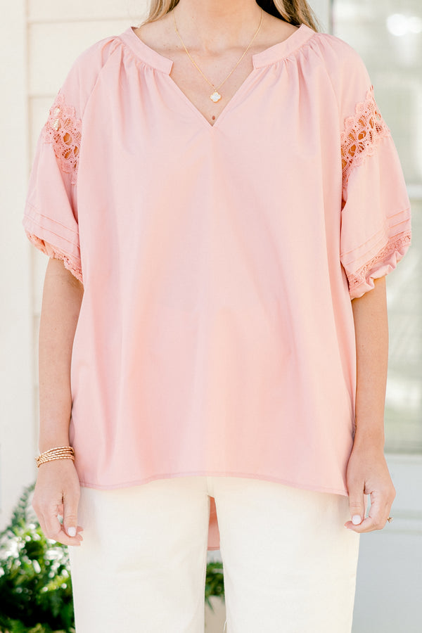 Chic Soul plus size clothing, short-puffed-sleeve light pale pink top with a split-v-neckline and a high-low hemline with lace detailing along the sleeves