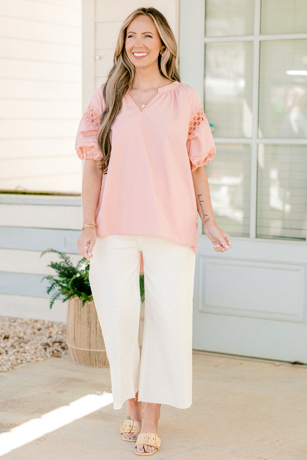 Chic Soul plus size clothing, short-puffed-sleeve light pale pink top with a split-v-neckline and a high-low hemline with lace detailing along the sleeves