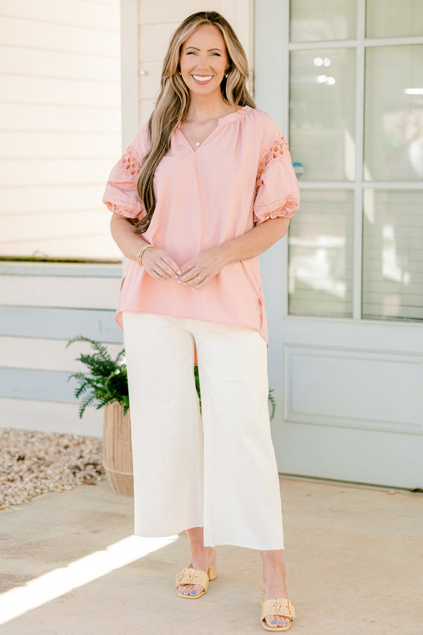 Chic Soul plus size clothing, short-puffed-sleeve light pale pink top with a split-v-neckline and a high-low hemline with lace detailing along the sleeves