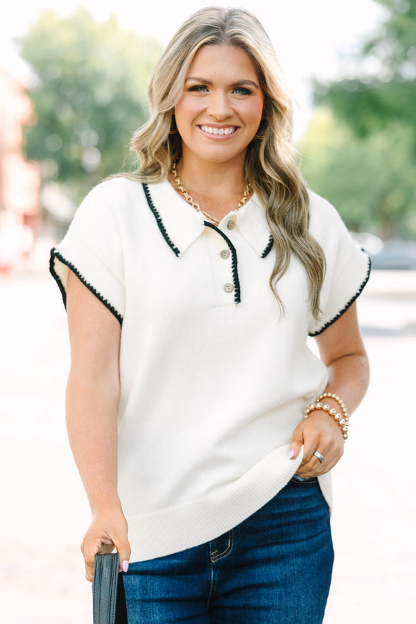 Plus Size cream short-sleeve knit sweater with black scalloped trim and a button-down polo collar.