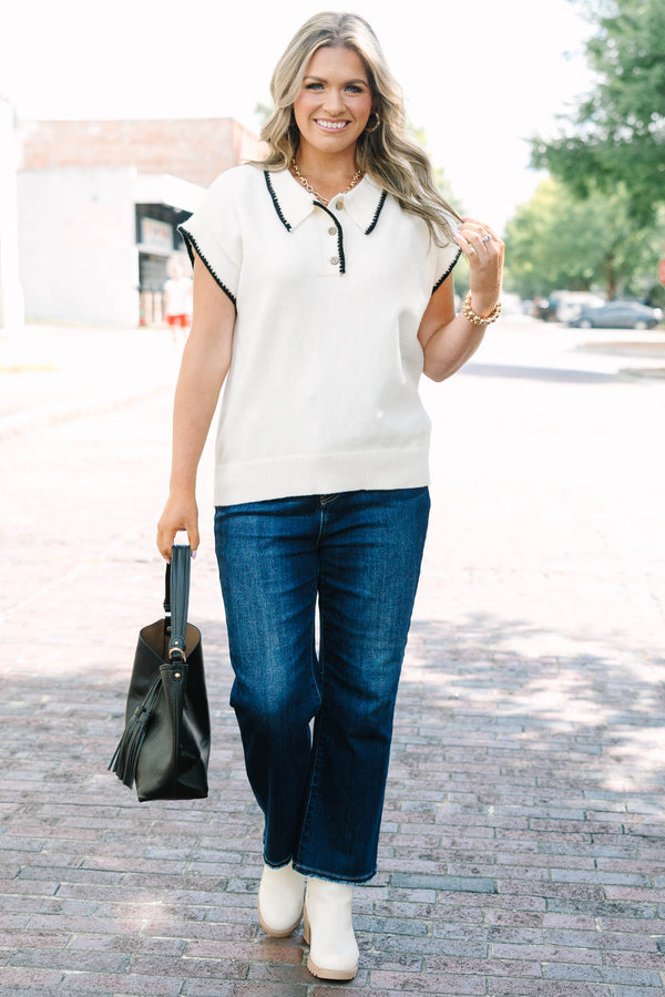 Plus Size cream short-sleeve knit sweater with black scalloped trim and a button-down polo collar.