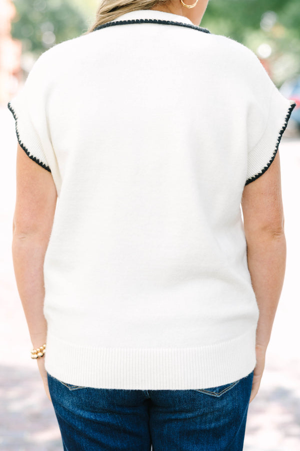 Plus Size cream short-sleeve knit sweater with black scalloped trim and a button-down polo collar.