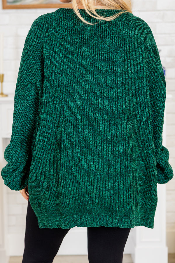  Chic Soul plus size clothing, long-balloon-sleeve hunter green sweater with scoop-neckline