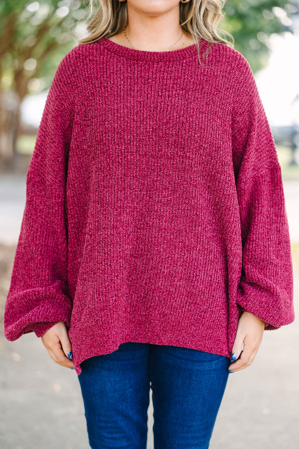 Plus Size maroon oversized knit sweater with a crew neckline and long balloon sleeves.