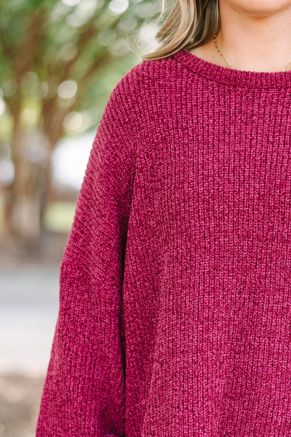 Plus Size maroon oversized knit sweater with a crew neckline and long balloon sleeves.