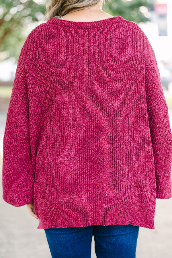 Plus Size maroon oversized knit sweater with a crew neckline and long balloon sleeves.