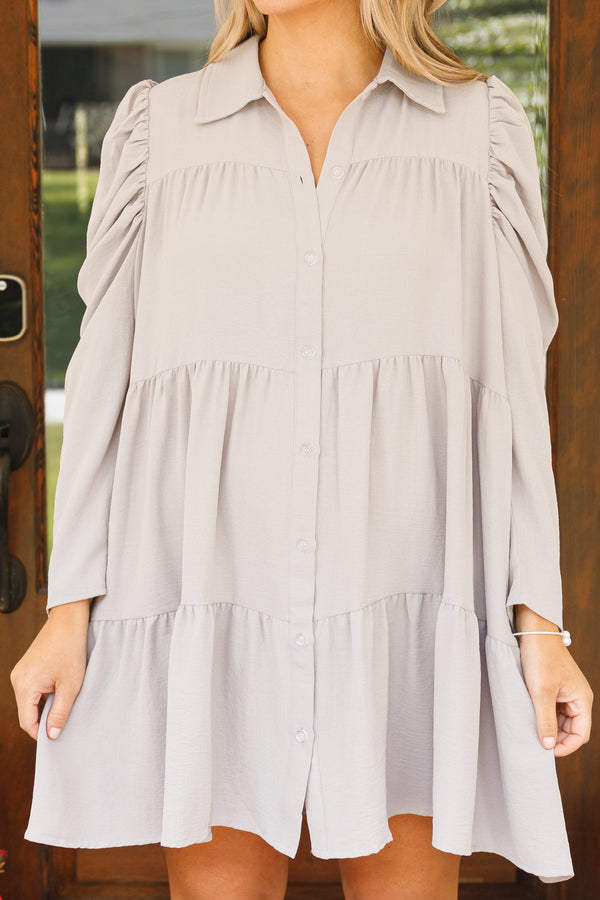 Chic Soul plus size clothing, silver colored long sleeve flowy button down dress