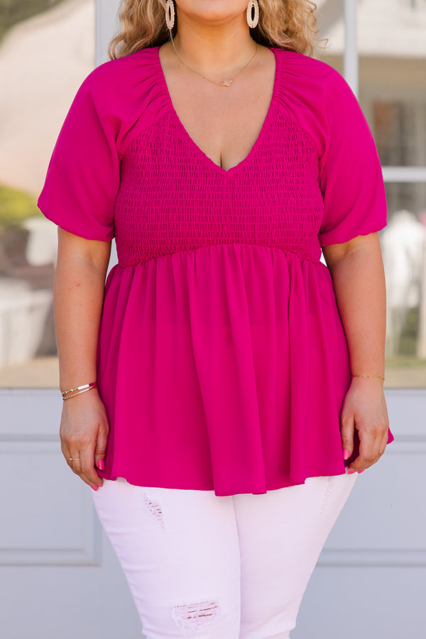 Chic Soul plus size clothing, short sleeve smocked bodice dark pink baby doll top with puffed sleeves
