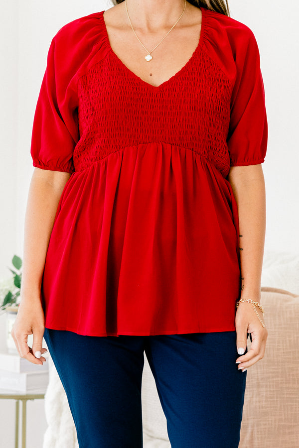 Chic Soul plus size clothing, red short-bubble sleeve v-neck babydoll top