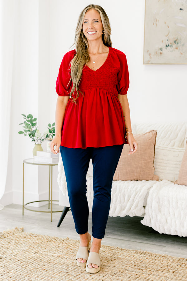 Chic Soul plus size clothing, red short-bubble sleeve v-neck babydoll top