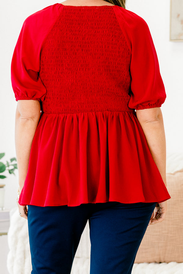 Chic Soul plus size clothing, red short-bubble sleeve v-neck babydoll top
