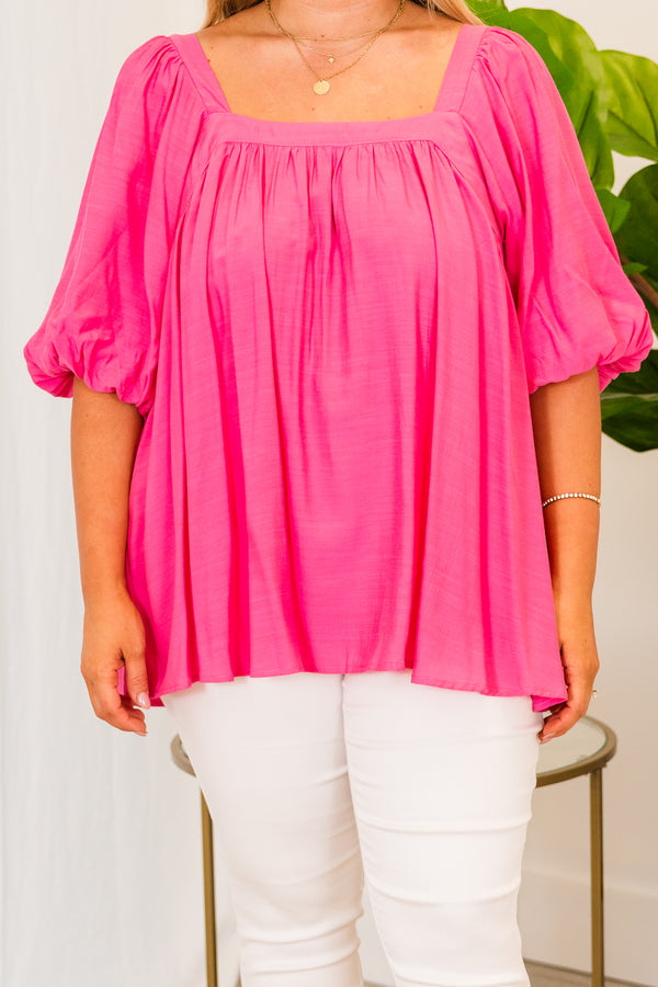 Chic Soul plus size clothing, fuchsia short sleeve flowy top with square neckline and puff sleeves