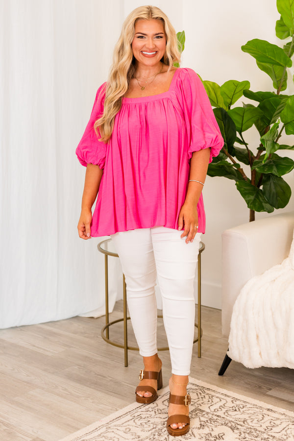 Chic Soul plus size clothing, fuchsia short sleeve flowy top with square neckline and puff sleeves