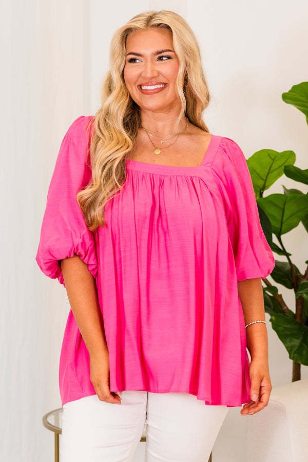 Chic Soul plus size clothing, fuchsia short sleeve flowy top with square neckline and puff sleeves
