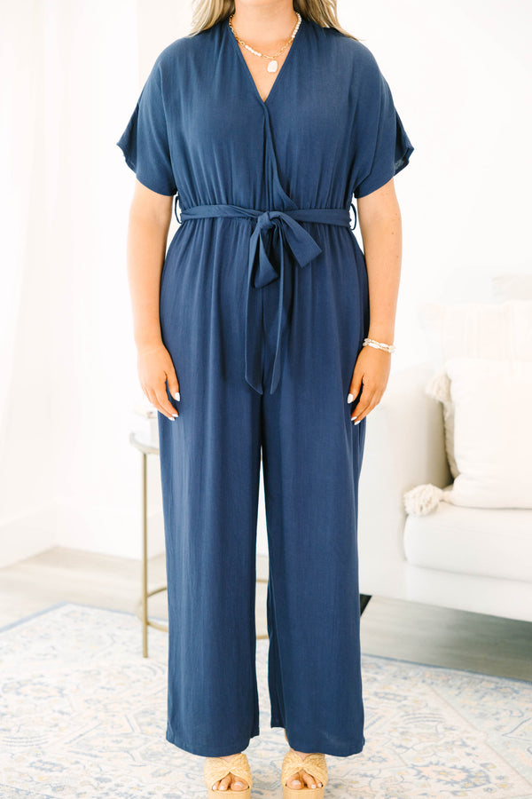 Chic Soul plus size clothing, navy blue short sleeve jumpsuit with waist tie belt and n-neckline