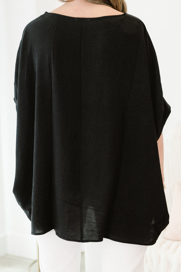Chic Soul plus size clothing, short-sleeve black top with a high-scoop-neckline and a subtle high-low-hemline