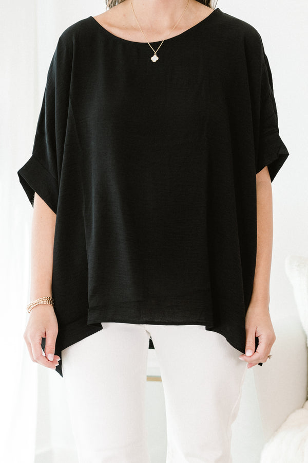 Chic Soul plus size clothing, short-sleeve black top with a high-scoop-neckline and a subtle high-low-hemline
