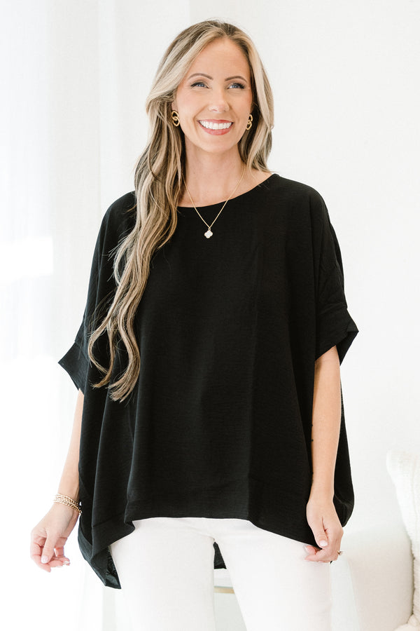 Chic Soul plus size clothing, short-sleeve black top with a high-scoop-neckline and a subtle high-low-hemline