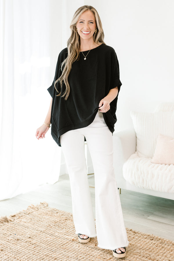 Chic Soul plus size clothing, short-sleeve black top with a high-scoop-neckline and a subtle high-low-hemline