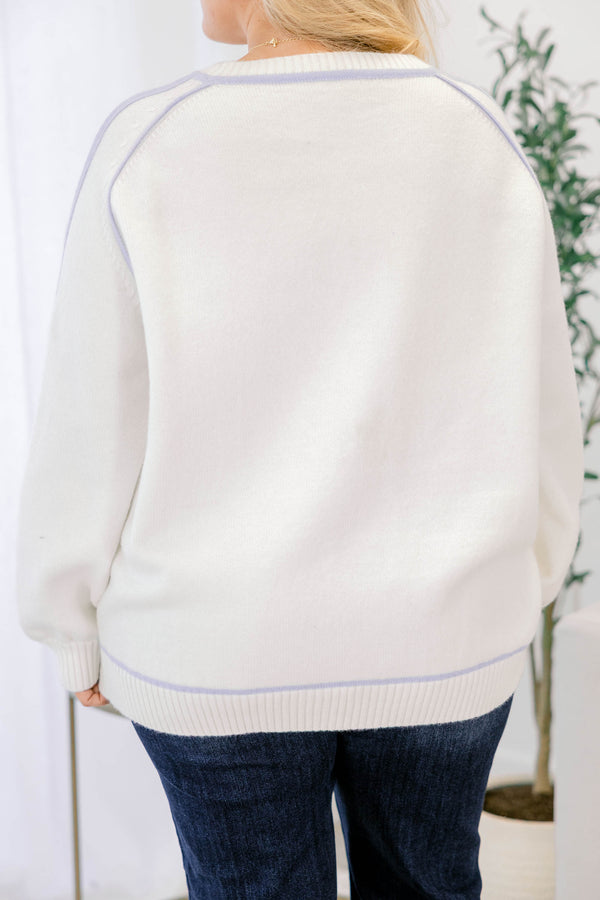 Chic Soul plus size clothing, white long sleeve crew neck sweater with blue stitching trim detailing