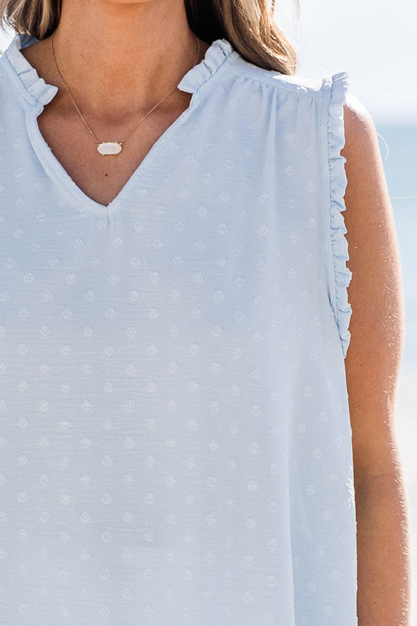 Chic Soul plus size clothing, blue sleeveless tank top with ruffle sleeves and neckline with v cutout along neckline