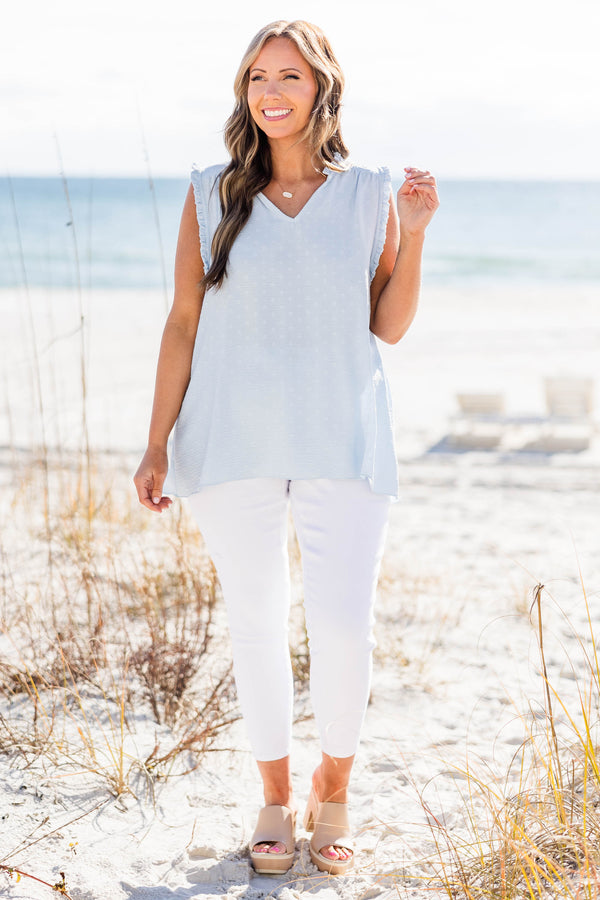 Chic Soul plus size clothing, blue sleeveless tank top with ruffle sleeves and neckline with v cutout along neckline