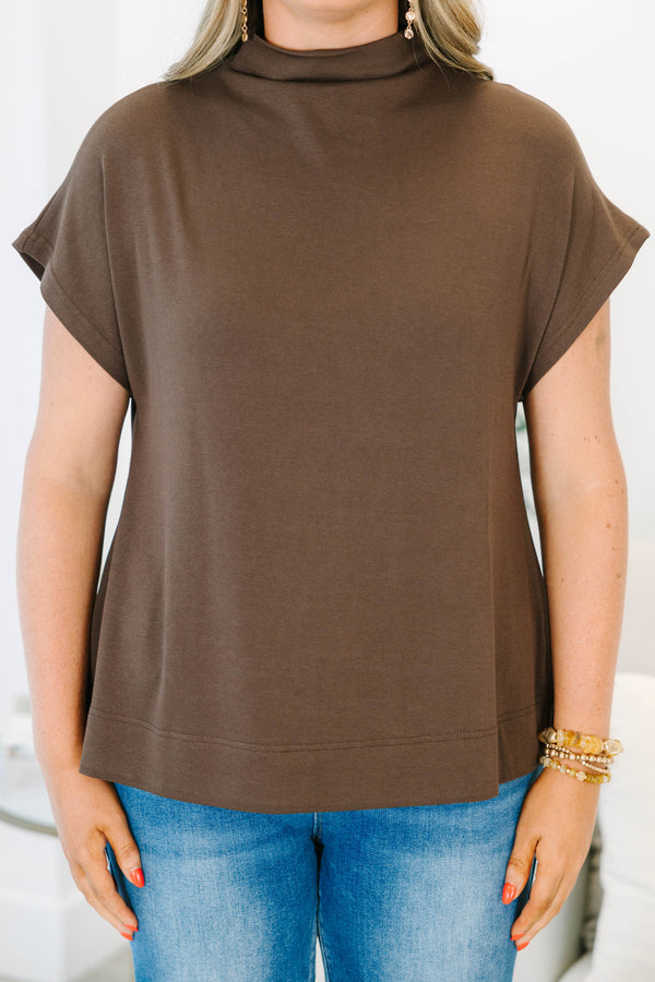 Plus Size brown short sleeve mock neck top in a soft modal blend.