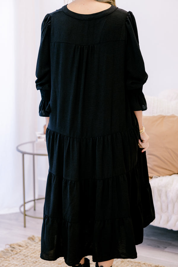 Chic Soul plus size clothing, black mid sleeve midi dress with v-neckline and tiered skirt
