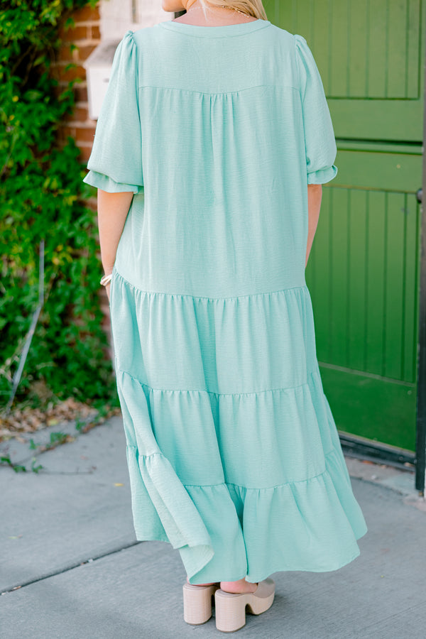 Chic Soul plus size clothing, mint half-sleeve ruffle cuffs v-neck tiered midi dress