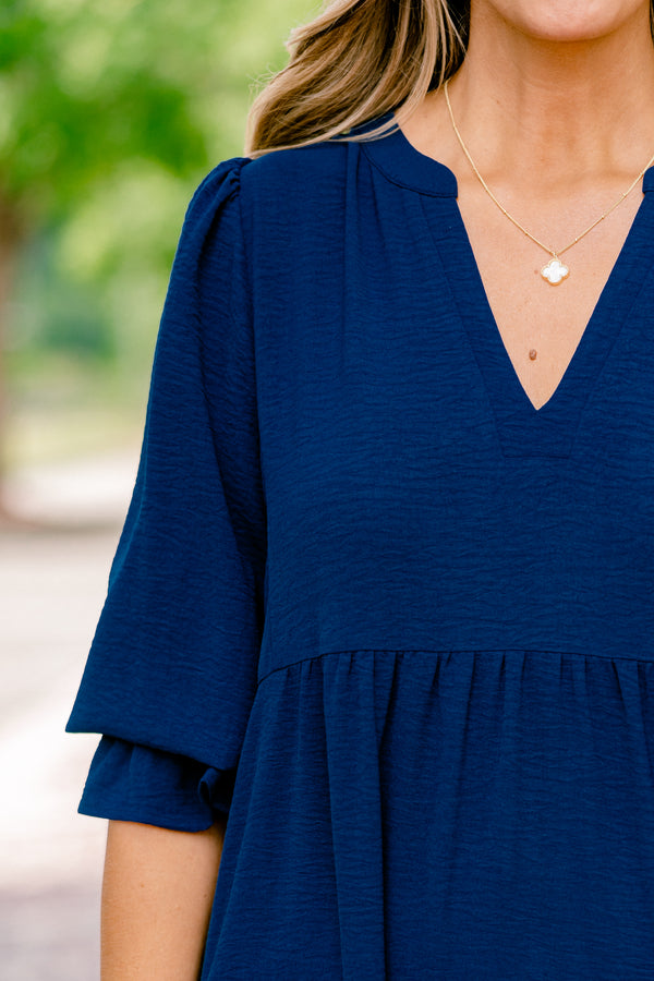 Chic Soul plus size clothing, navy blue flutter cuff half sleeve shallow v-neck tiered midi dress