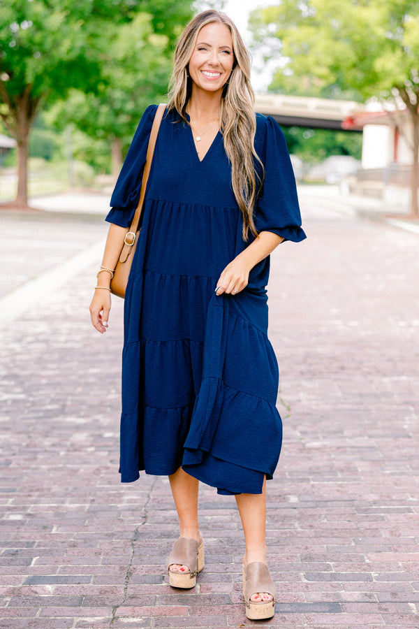 Chic Soul plus size clothing, navy blue flutter cuff half sleeve shallow v-neck tiered midi dress