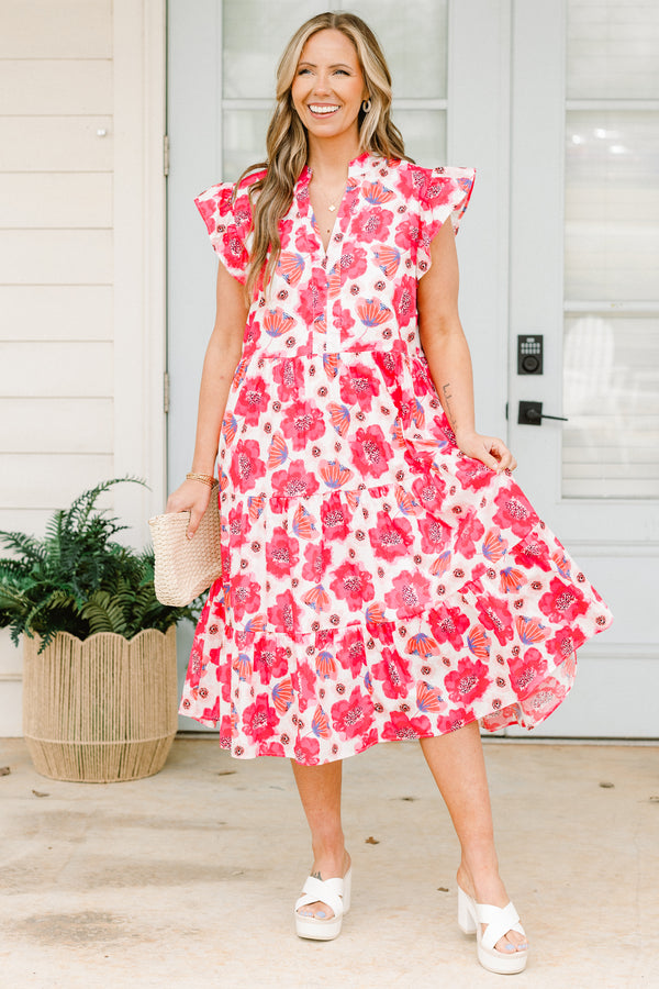 Chic Soul plus size clothing, short-flutter-sleeve pink ruffled baby doll midi dress with a split-v-neckline and a pink floral print 
