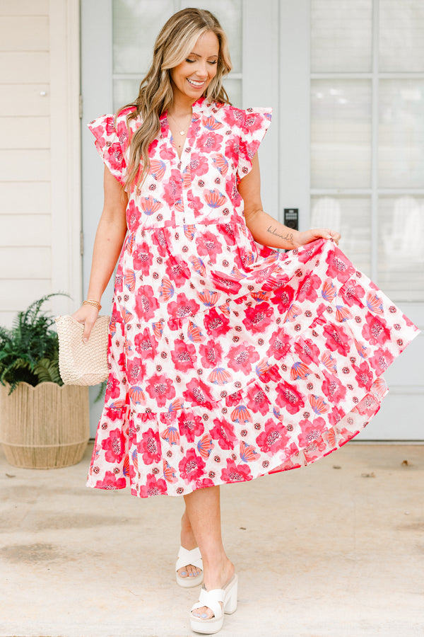 Chic Soul plus size clothing, short-flutter-sleeve pink ruffled baby doll midi dress with a split-v-neckline and a pink floral print 