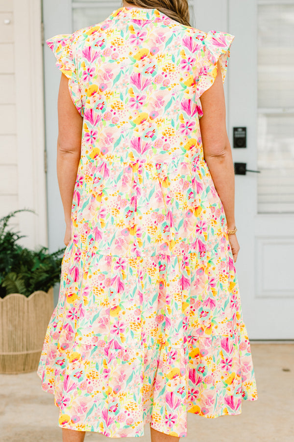 Chic Soul plus size clothing, white short sleeve midi dress with v cutout along neckline with ruffle detail on sleeves with pink multi print floral design