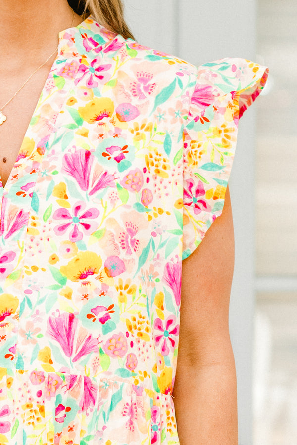 Chic Soul plus size clothing, white short sleeve midi dress with v cutout along neckline with ruffle detail on sleeves with pink multi print floral design