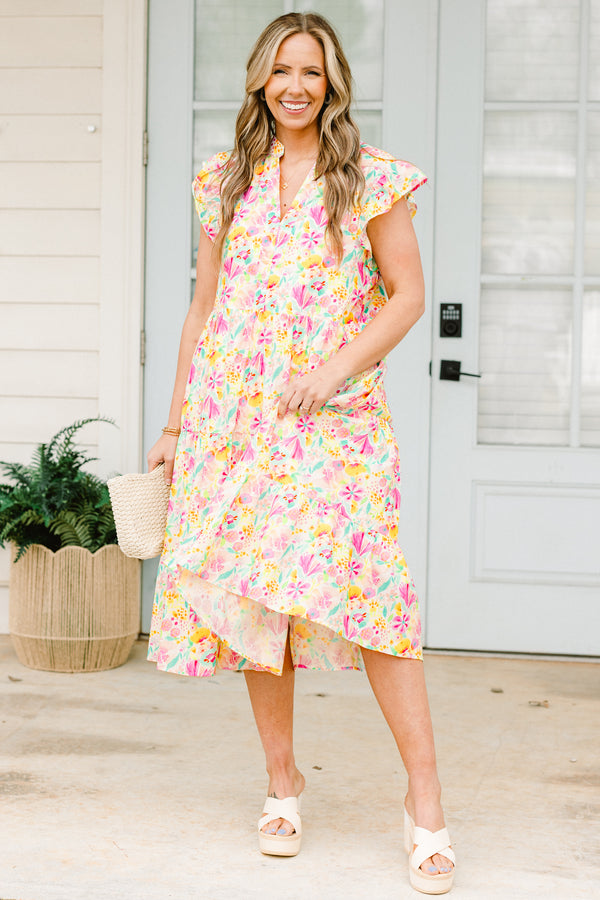 Chic Soul plus size clothing, white short sleeve midi dress with v cutout along neckline with ruffle detail on sleeves with pink multi print floral design