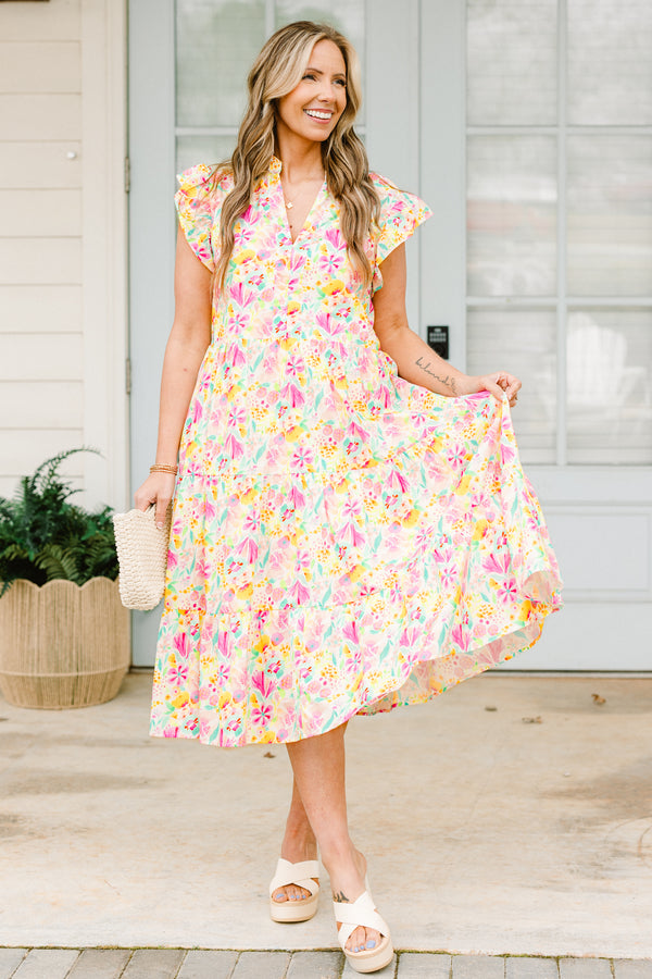 Chic Soul plus size clothing, white short sleeve midi dress with v cutout along neckline with ruffle detail on sleeves with pink multi print floral design