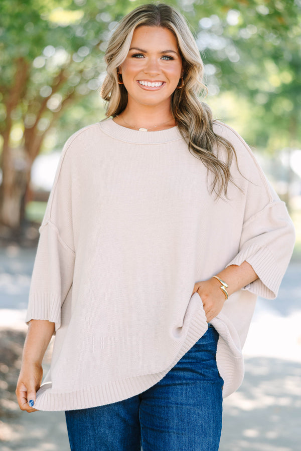 Plus size oatmeal oversized knit sweater with a flowy fit and short sleeves.