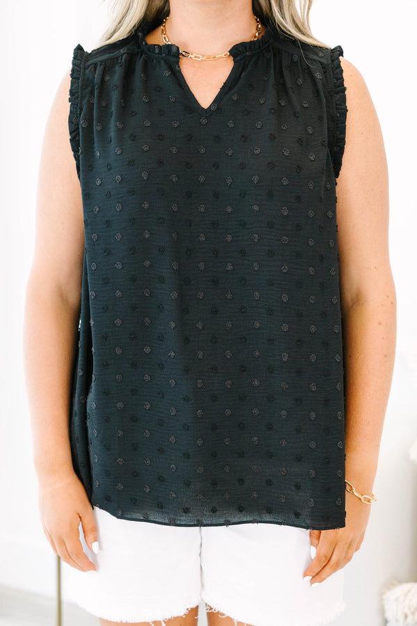 Chic Soul plus size clothing, black sleeveless tank top with raised textured dot pattern with v neckline and ruffle along sleeve