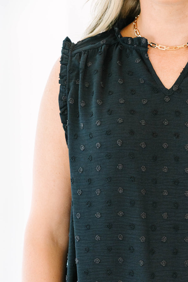 Chic Soul plus size clothing, black sleeveless tank top with raised textured dot pattern with v neckline and ruffle along sleeve