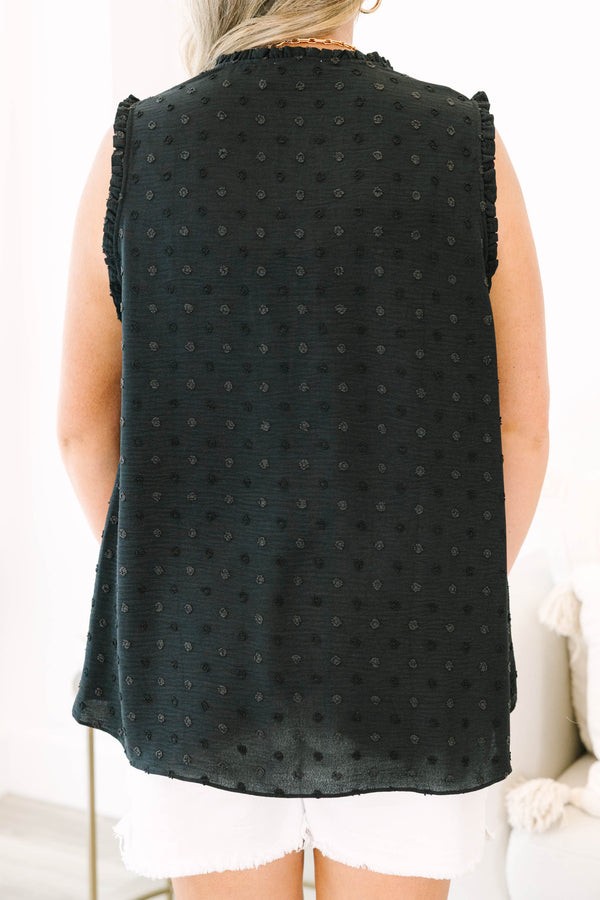 Chic Soul plus size clothing, black sleeveless tank top with raised textured dot pattern with v neckline and ruffle along sleeve